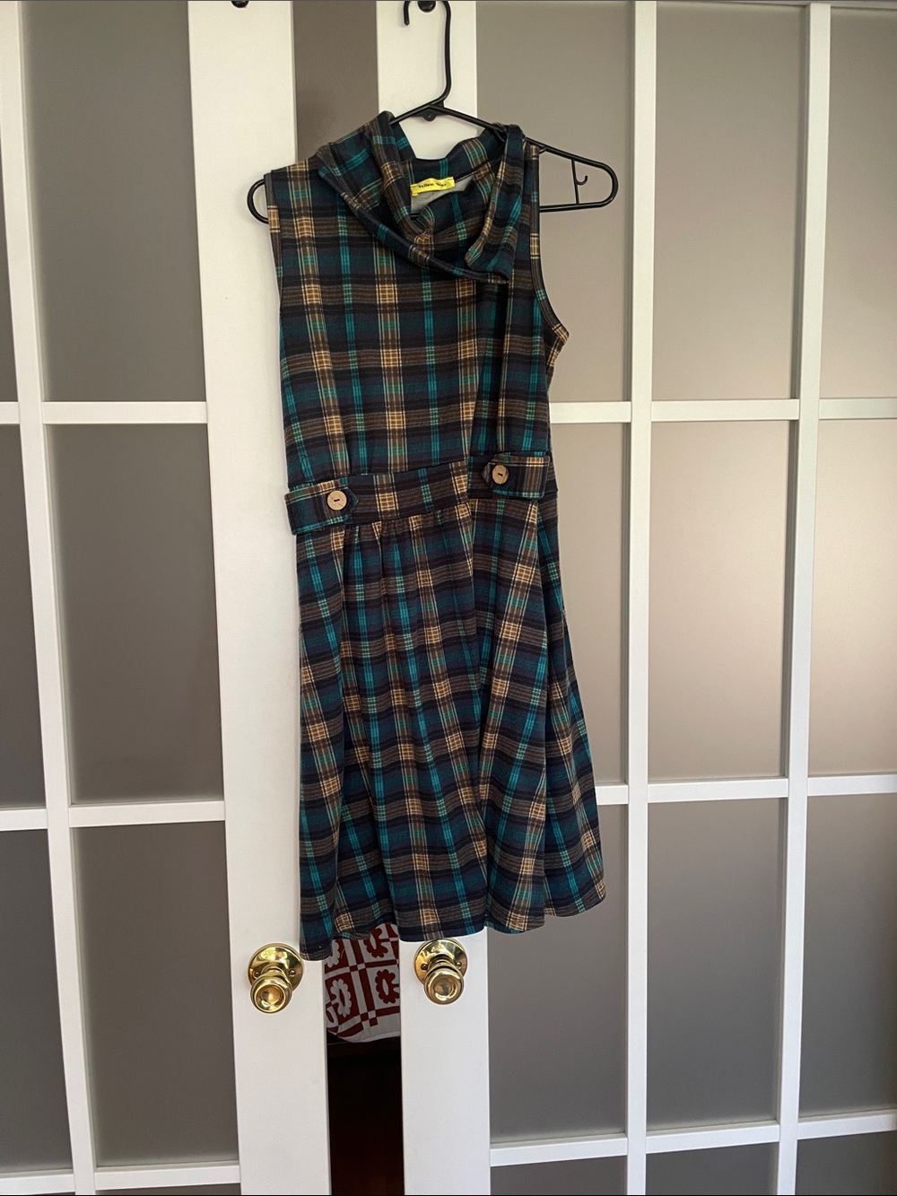 ModCloth Yellow Star L Plaid Sleeveless Cowl Neck Dress - Teal & Brown